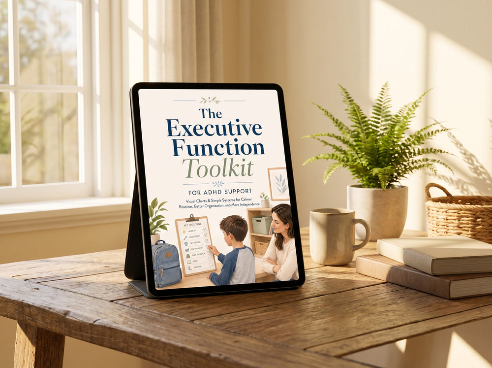 Tablet displaying 'The Executive Function Toolkit' on a wooden table with a plant and books in the background.